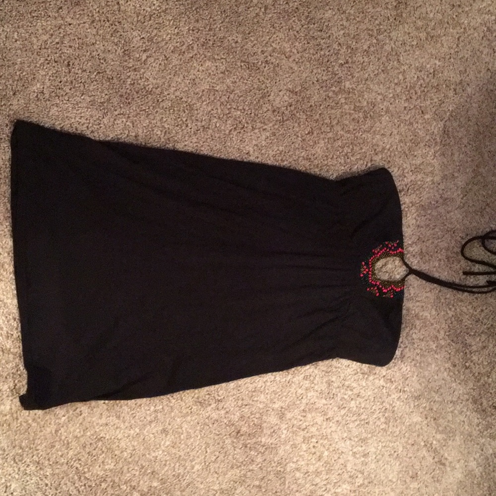 Mini black summer dress with halter neck tie